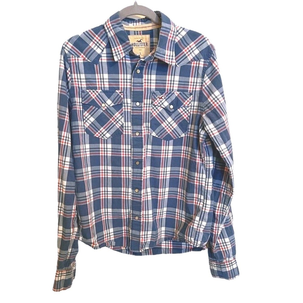 Y2K Hollister‎ shirt size Large snap button plaid blue
